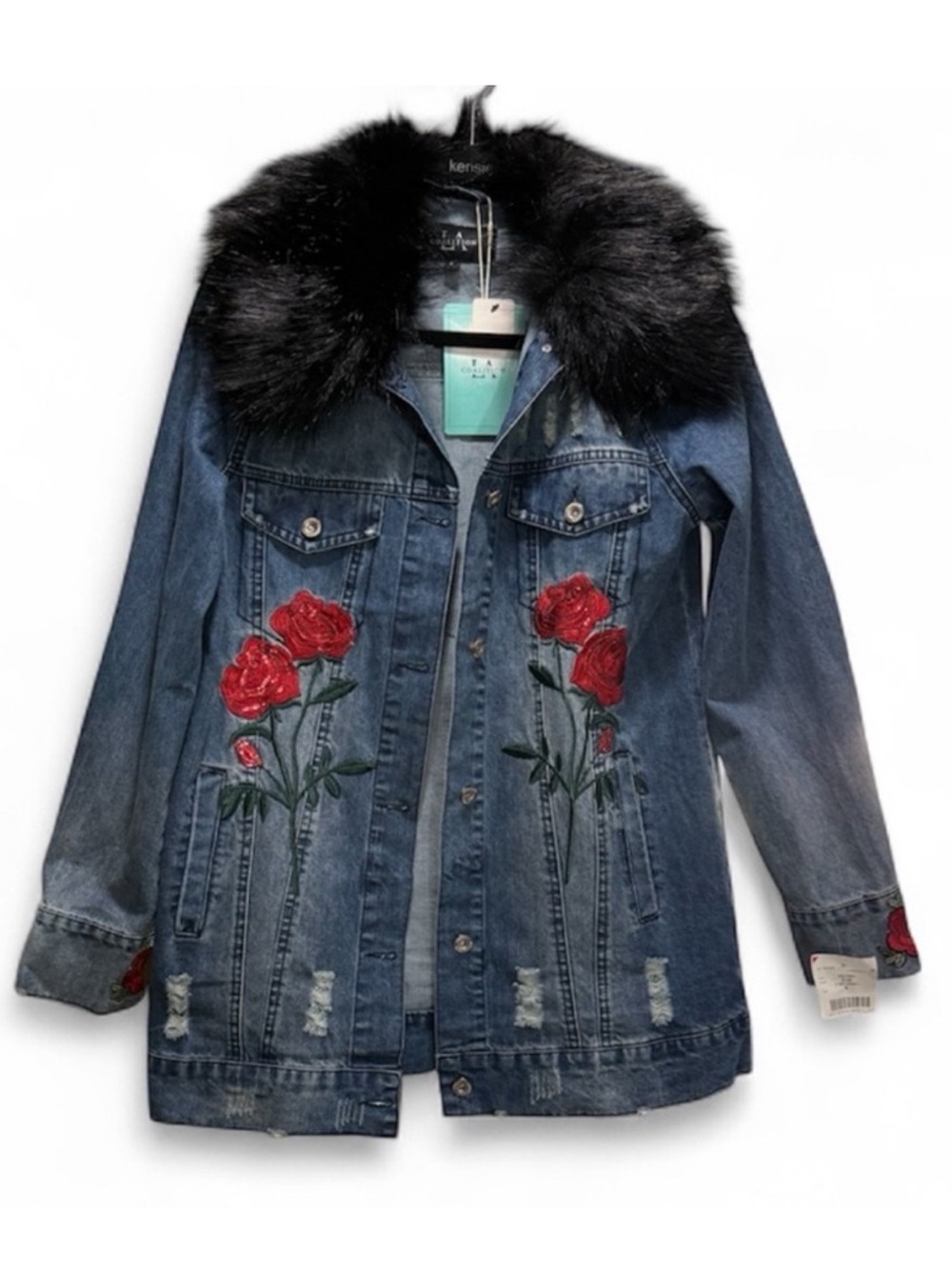 LA Coalition Rose Embroidered Denim Jacket Fur Collar NWT Small - Picture 3 of 4